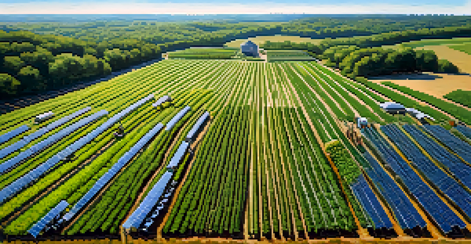 An aerial view of a sustainable agricultural field in North Carolina with crops and solar panels, showing farmers at work and the university in the background.