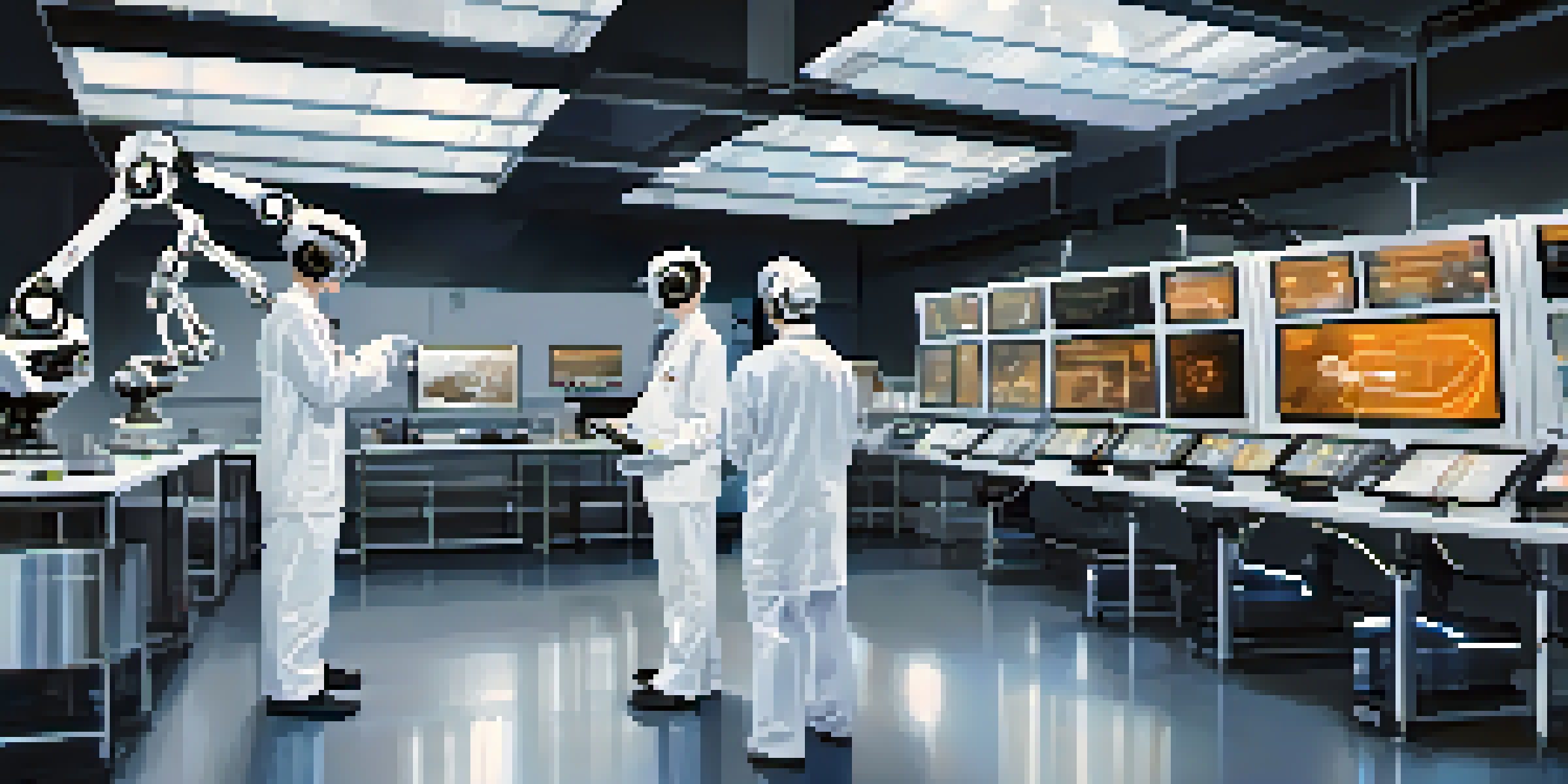 A robotics lab filled with robotic arms and researchers, with bright lights and screens showing data.