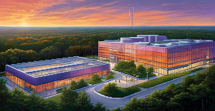 A sunset view of the Research Triangle Park with modern biotech labs and scientists collaborating.