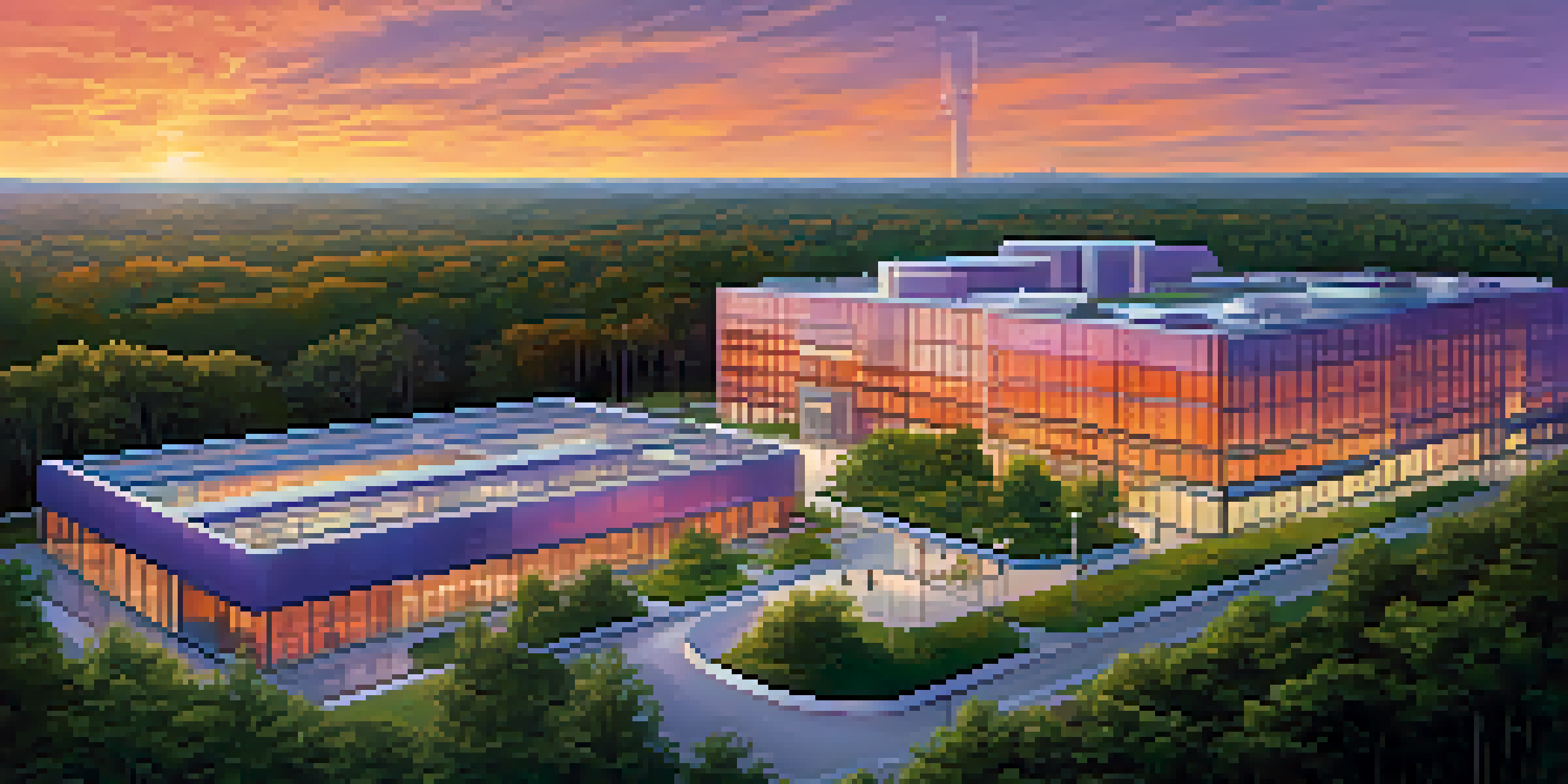 A sunset view of the Research Triangle Park with modern biotech labs and scientists collaborating.