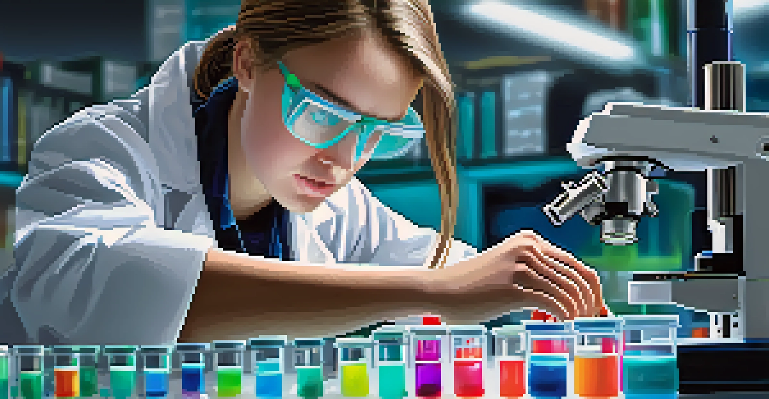 A student focused on a biotechnology project using a microscope, surrounded by colorful petri dishes and lab equipment.