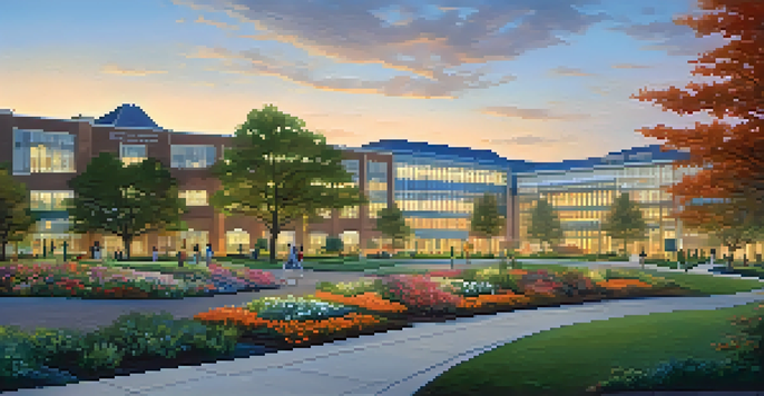 A panoramic view of Duke University Hospital at dusk with illuminated architecture and a landscaped garden.