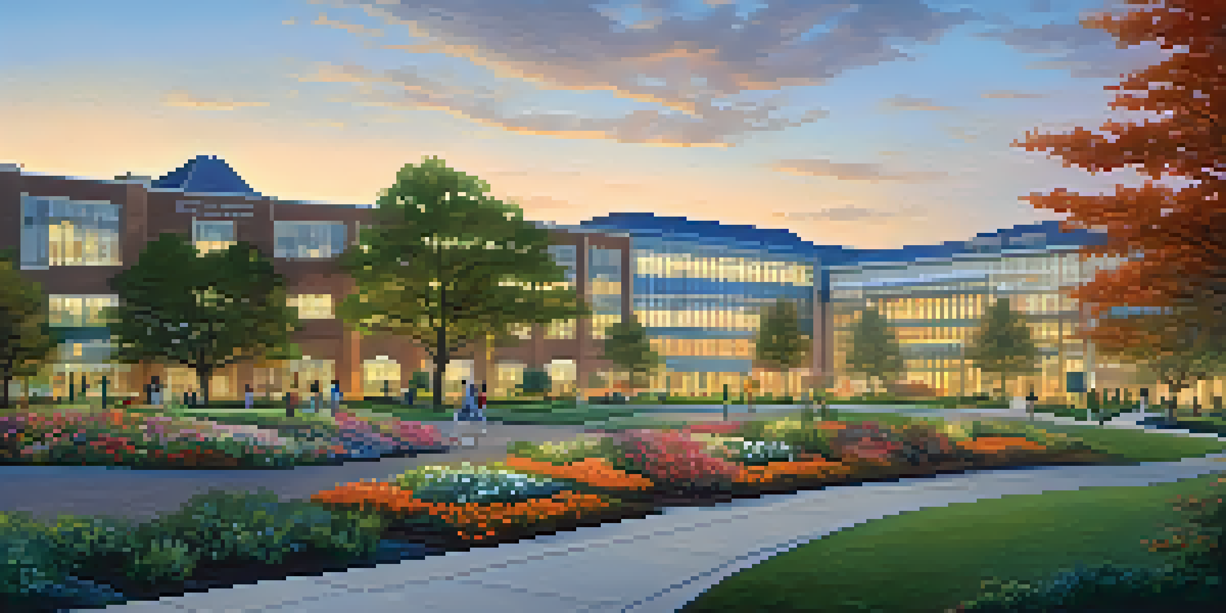 A panoramic view of Duke University Hospital at dusk with illuminated architecture and a landscaped garden.