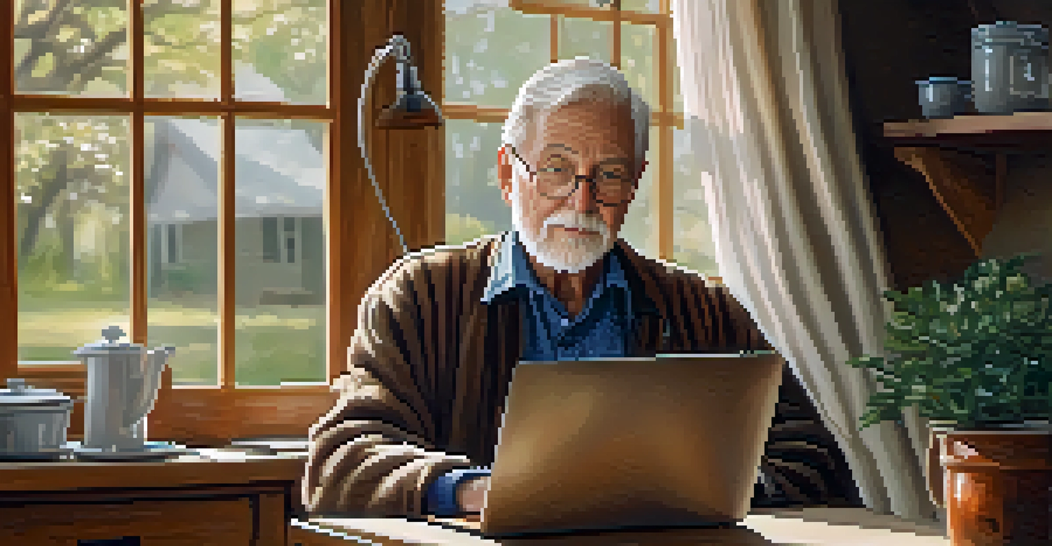 An elderly man at home using a laptop for a telehealth appointment, surrounded by a cozy kitchen setting with natural light.