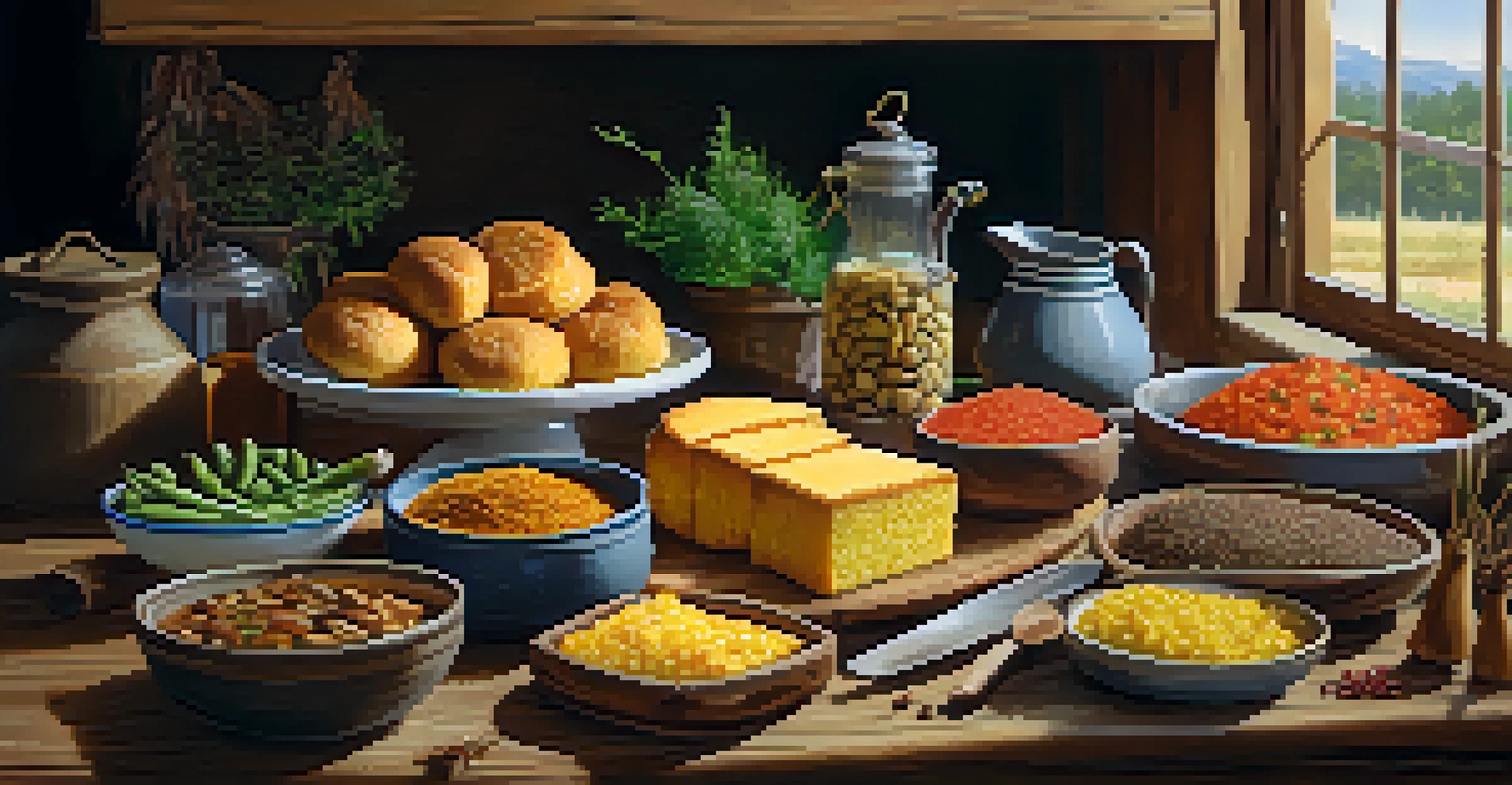 A rustic wooden table set with traditional Indigenous foods like cornbread, wild game, and vegetables, in a warm kitchen setting.
