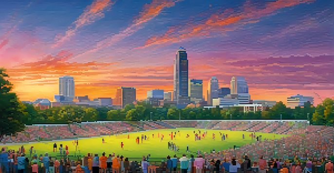 A city skyline of Raleigh, North Carolina at sunset, with modern buildings and a colorful sky. A park is visible in the foreground with people enjoying the outdoors.