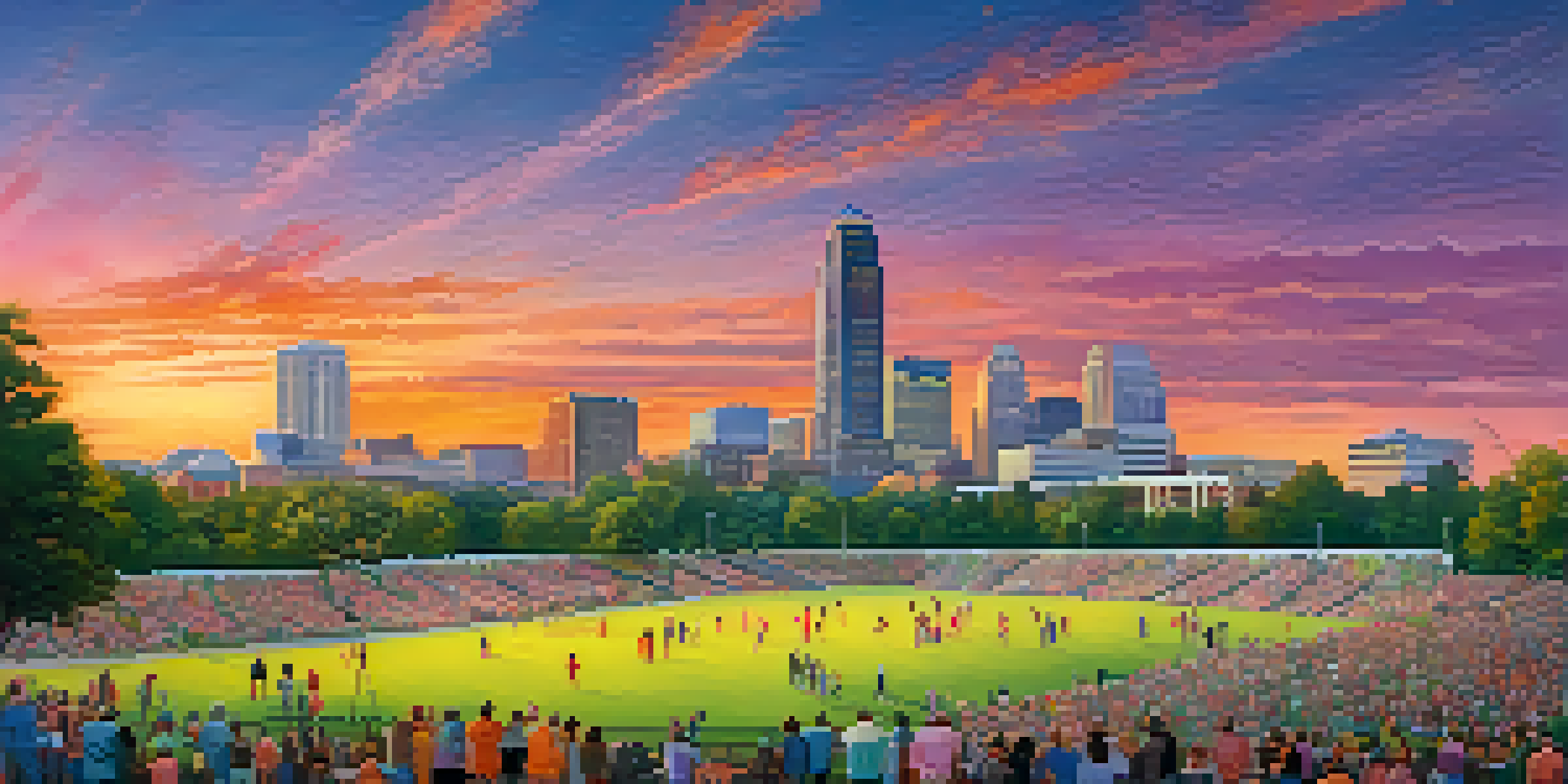 A city skyline of Raleigh, North Carolina at sunset, with modern buildings and a colorful sky. A park is visible in the foreground with people enjoying the outdoors.