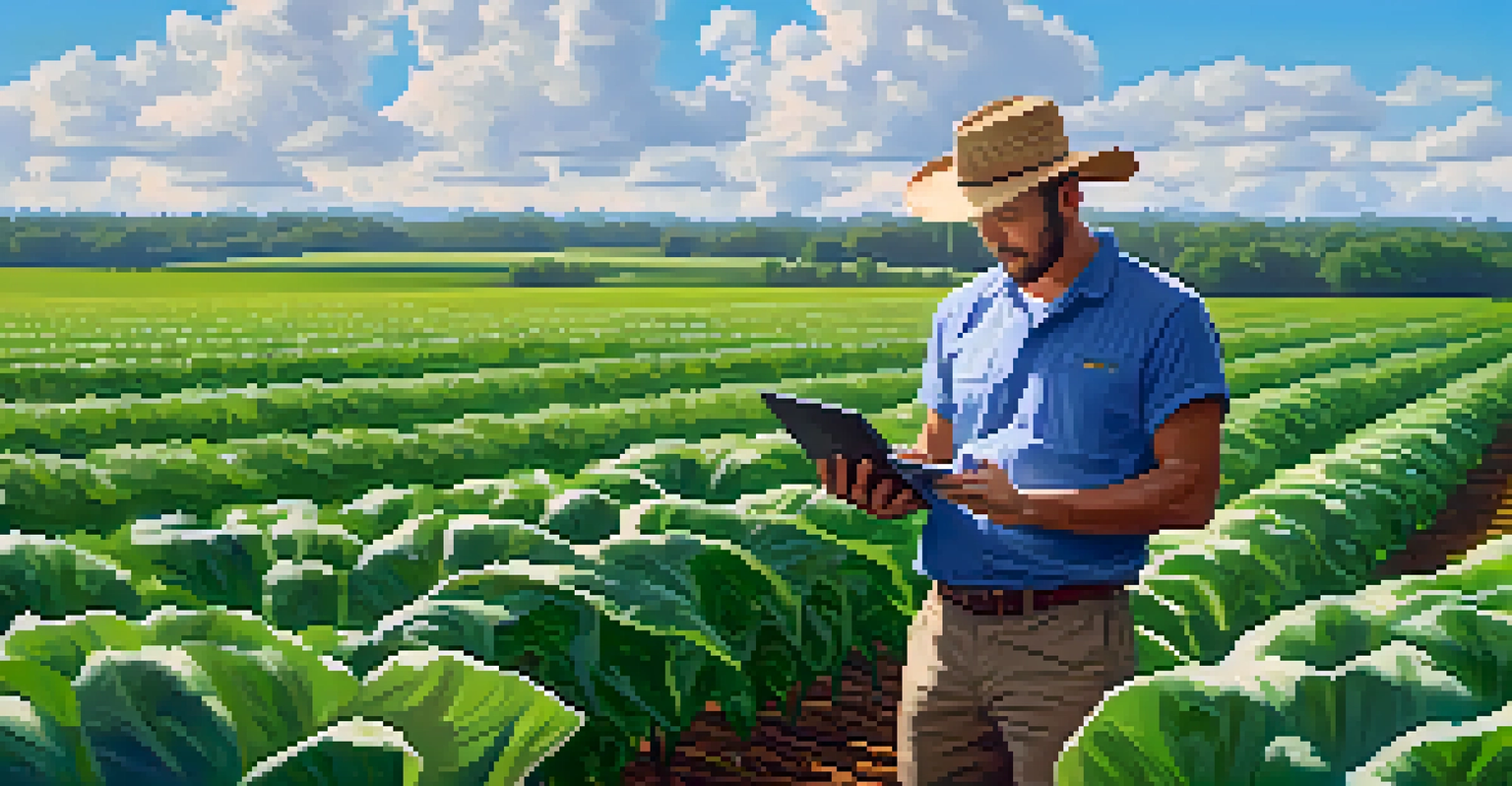 A farmer using a tablet in a green field to monitor crops with AI technology, surrounded by rows of healthy plants and a bright blue sky.