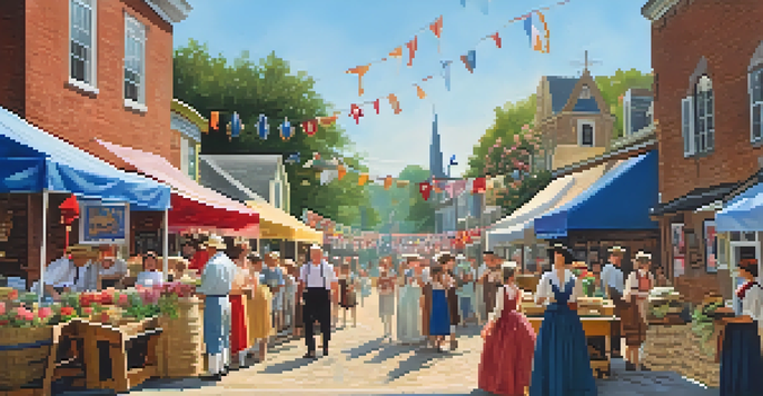 A vibrant street scene in Bath, North Carolina, with historic buildings and locals at a craft festival.