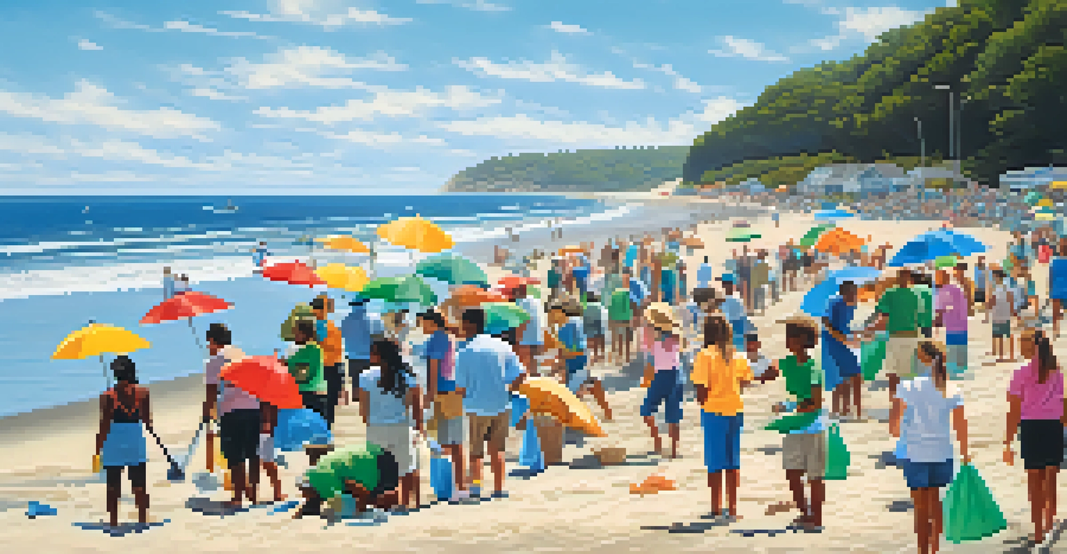 Volunteers participating in a beach cleanup event on a sunny day.