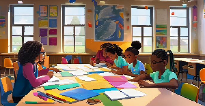 A diverse classroom with students working together on a project guided by their teacher, featuring sunlight streaming through windows and colorful educational materials.