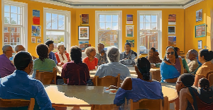 A diverse group of residents participating in a lively town hall meeting, seated in a circle with natural light coming through large windows.