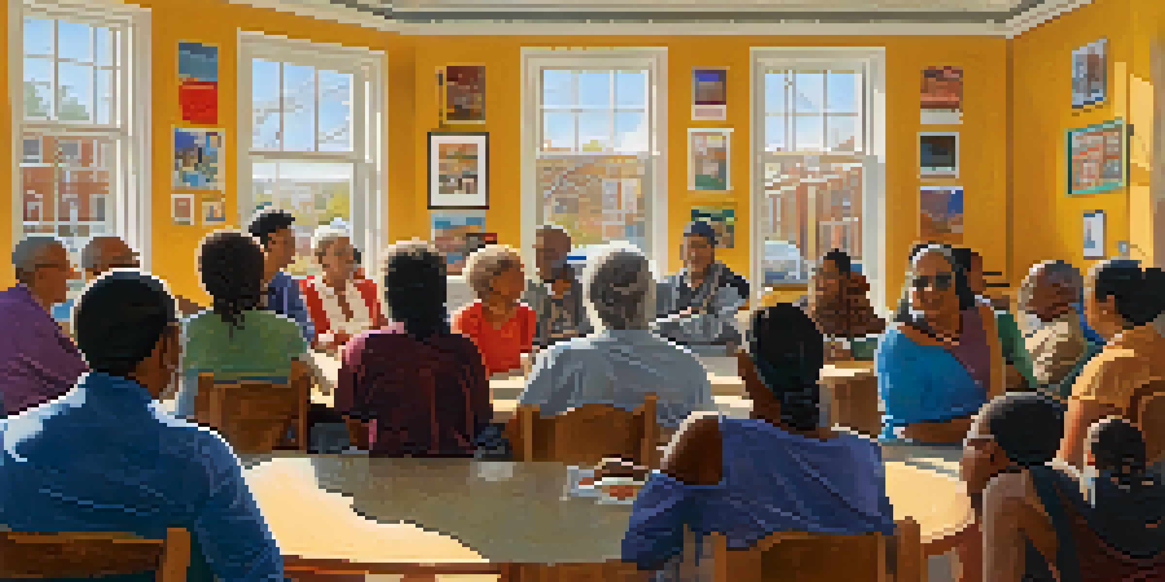 A diverse group of residents participating in a lively town hall meeting, seated in a circle with natural light coming through large windows.