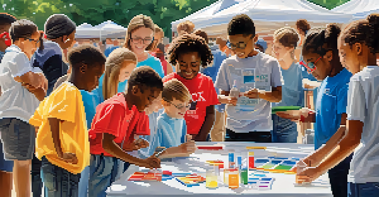 University students engaging with K-12 students in a STEM workshop, with colorful materials and science experiments.