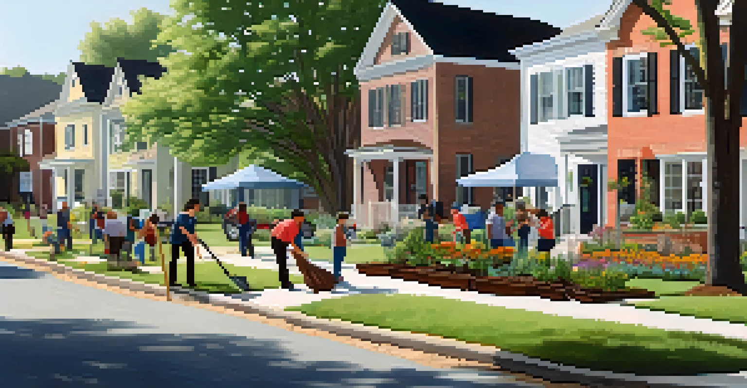 Residents participating in a community tree planting event in a neighborhood, with gardens and houses in the background.