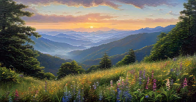 A breathtaking sunrise over the Great Smoky Mountains, with rolling hills and wildflowers in the foreground.