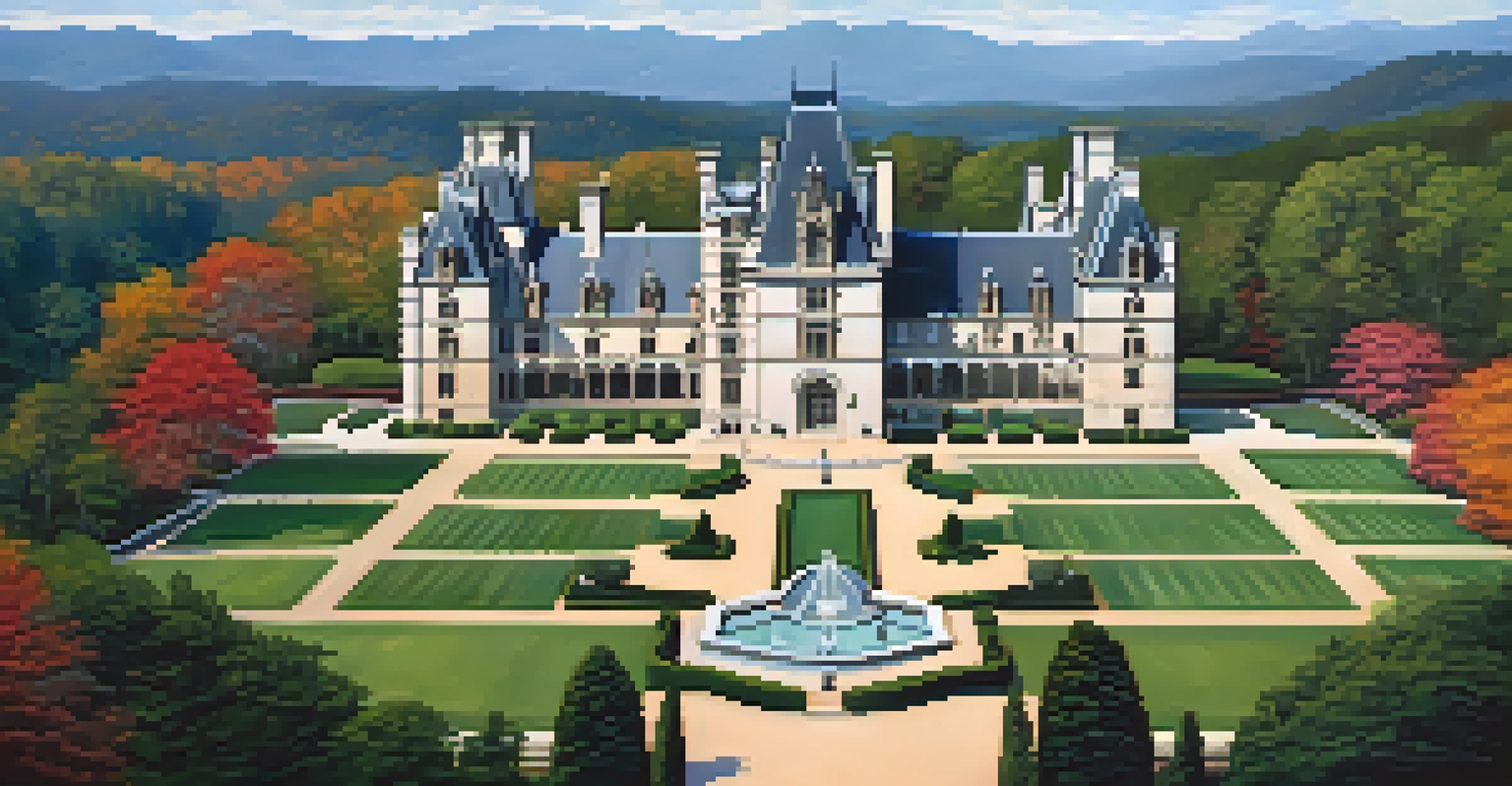 An aerial image of the Biltmore Estate, showcasing its grand architecture and surrounding gardens, with the Blue Ridge Mountains in the background.