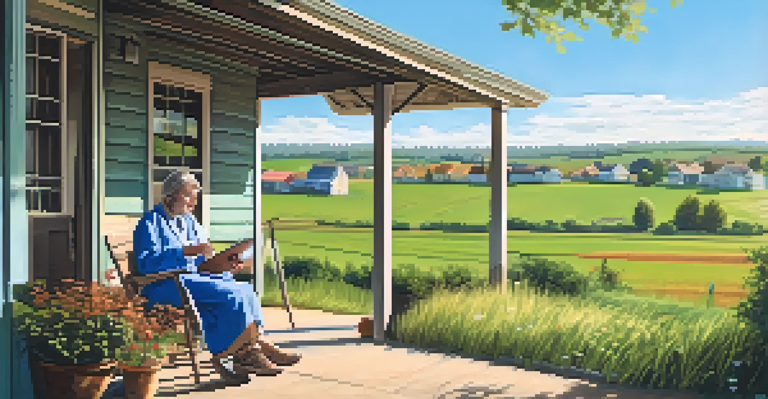 A person sitting on a porch in a rural area using a tablet for a telehealth appointment, with green fields in the background.
