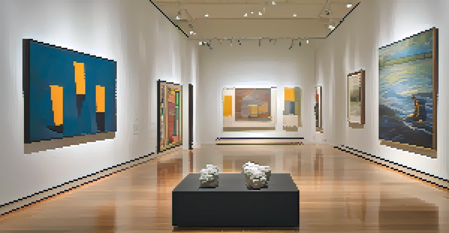 A cozy gallery space showcasing contemporary art with abstract paintings and sculptures under warm lighting.
