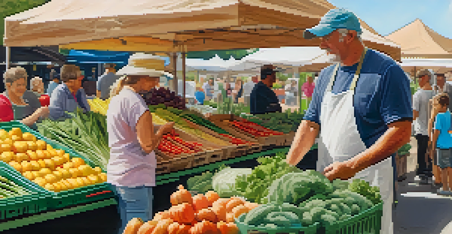 A local farmer at a farmers' market in North Carolina, interacting with customers and displaying fresh produce.