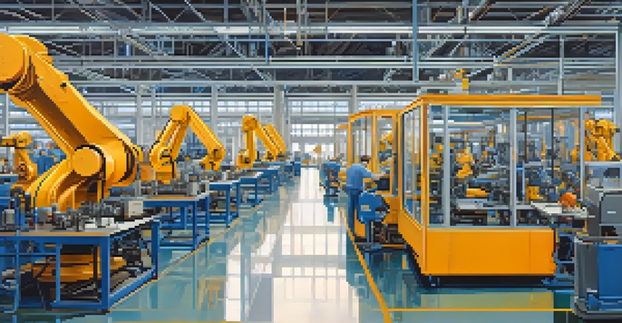 A busy manufacturing facility in North Carolina with robots and skilled workers, illuminated by natural light.