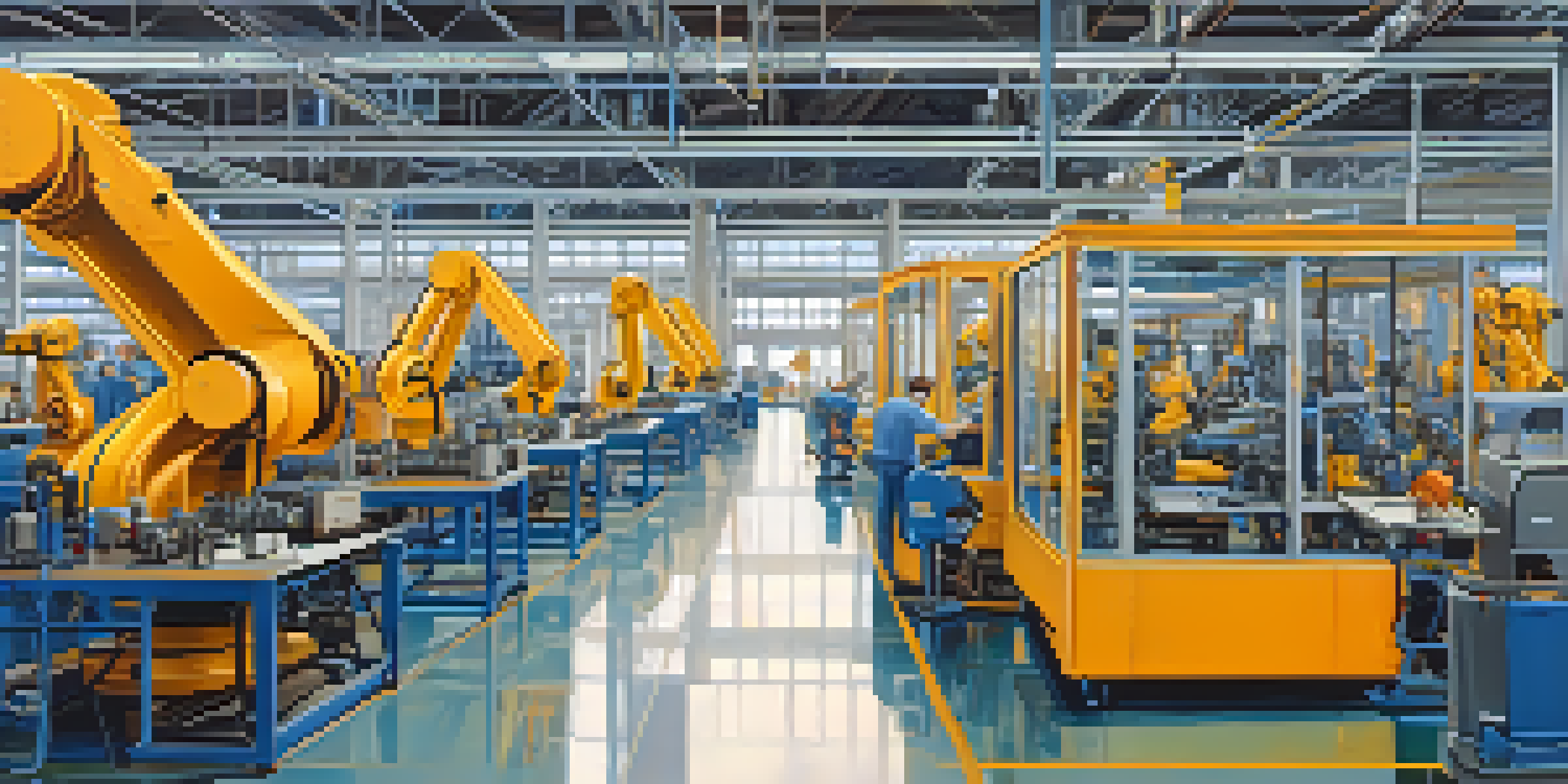 A busy manufacturing facility in North Carolina with robots and skilled workers, illuminated by natural light.
