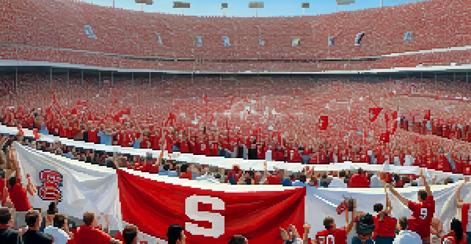 Close-up of passionate NC State and UNC fans during a rivalry game, showcasing their red and white colors, banners, and the electric atmosphere in the stands.