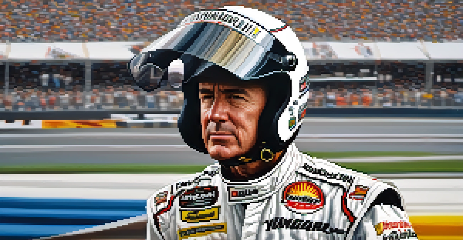 A close-up portrait of a NASCAR driver in a racing helmet and jumpsuit, with a blurred racetrack in the background.