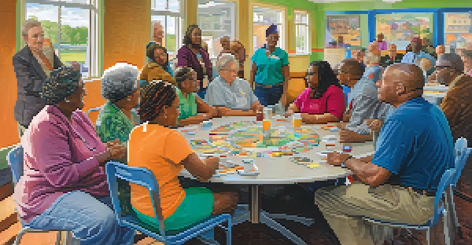 A group of diverse community members sitting around a table discussing Medicaid expansion, with colorful posters in the background and natural light illuminating the scene.