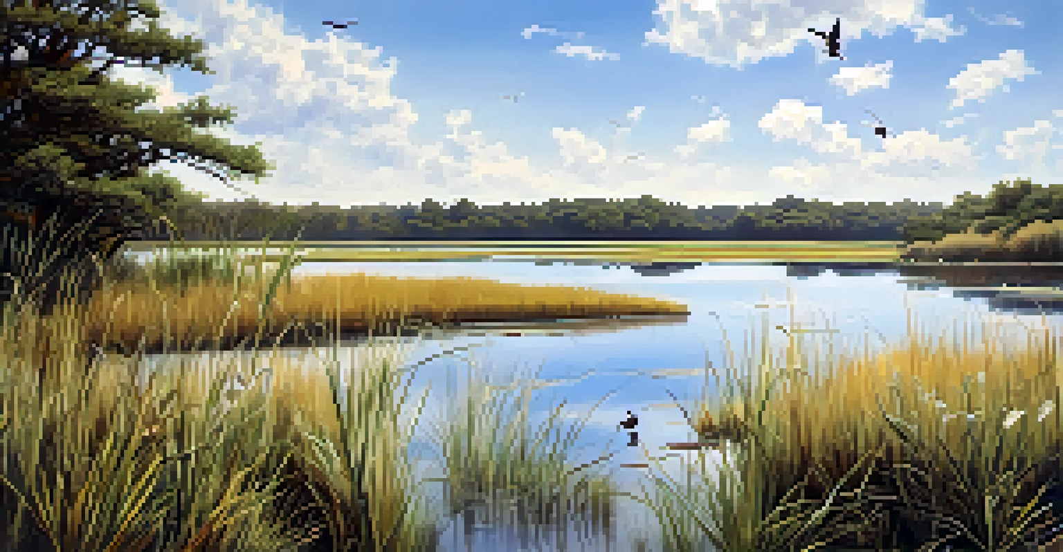 A detailed view of a North Carolina coastal wetland with lush plants and birds in the sky.