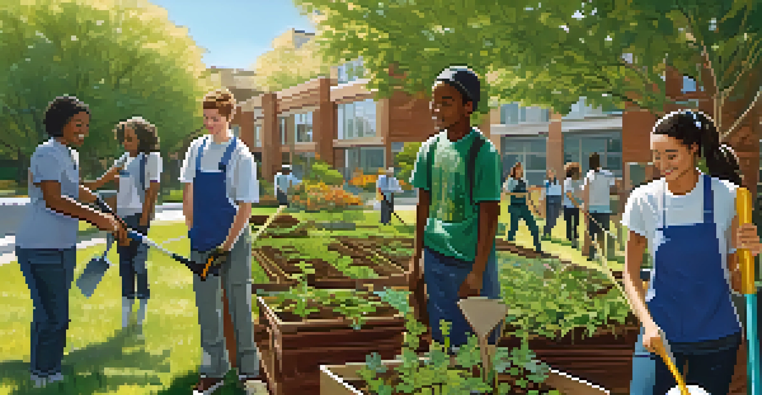 Students involved in an outdoor community service project planting trees and native plants on a sunny day, showcasing collaboration with local community members.