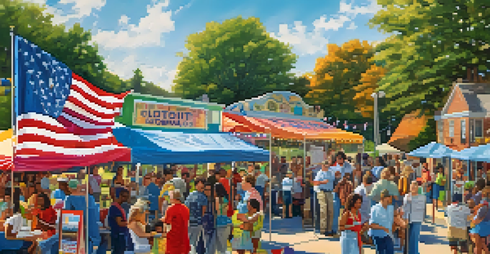 A lively community event in North Carolina with diverse individuals gathered around a voting information booth, colorful banners, and a sunny day.