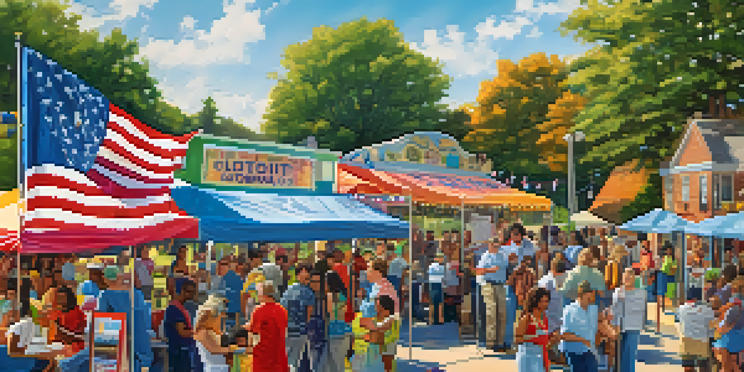 A lively community event in North Carolina with diverse individuals gathered around a voting information booth, colorful banners, and a sunny day.