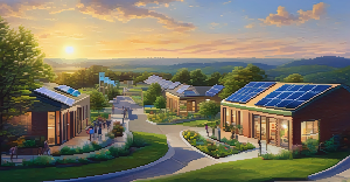 A landscape of North Carolina with solar panels, wind turbines, and a community garden at sunset.