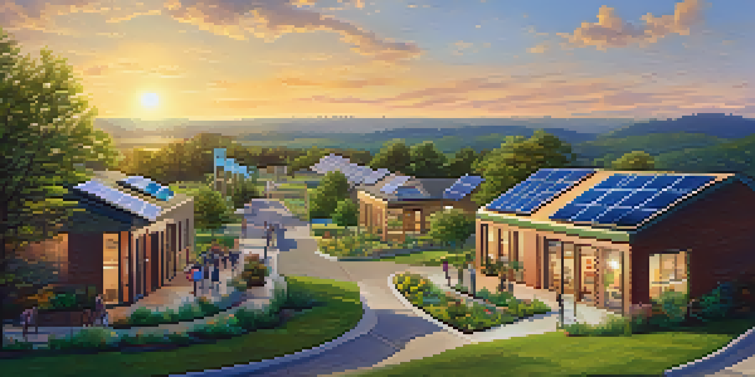 A landscape of North Carolina with solar panels, wind turbines, and a community garden at sunset.