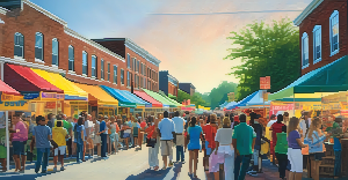 A lively street scene with diverse people participating in a community event, surrounded by colorful banners and greenery.