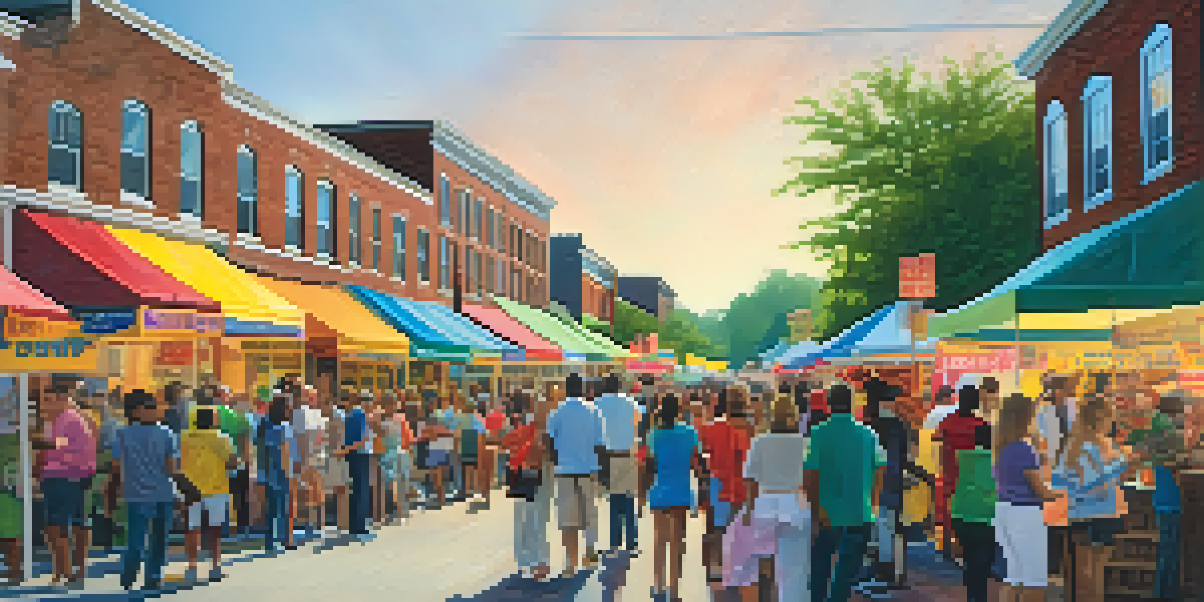 A lively street scene with diverse people participating in a community event, surrounded by colorful banners and greenery.
