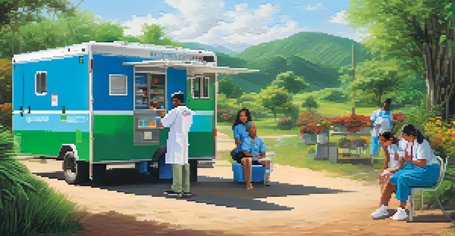 A mobile health unit in a rural area, with a healthcare worker assisting a family amidst lush greenery.