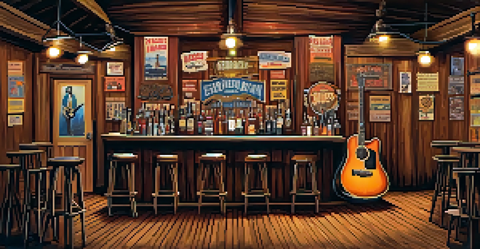 A cozy honky-tonk bar interior with a stage for country music performances, decorated with vintage music posters.