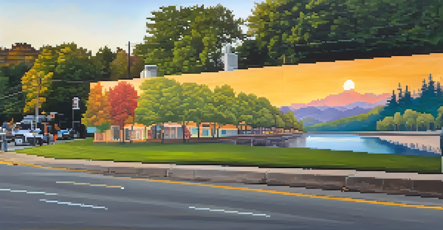 A beautiful mural on a building in Asheville, North Carolina, with people admiring the artwork during sunset.