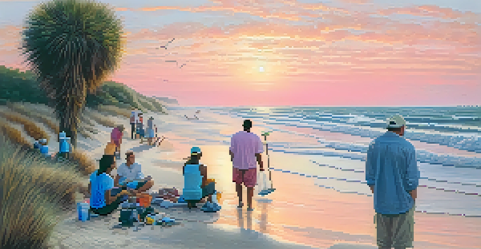 A group of diverse people engaged in a beach clean-up along the North Carolina coast during sunrise, with soft pastel colors in the sky and gentle waves.