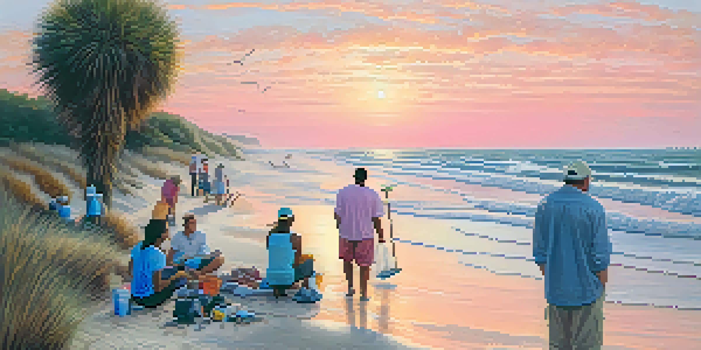 A group of diverse people engaged in a beach clean-up along the North Carolina coast during sunrise, with soft pastel colors in the sky and gentle waves.