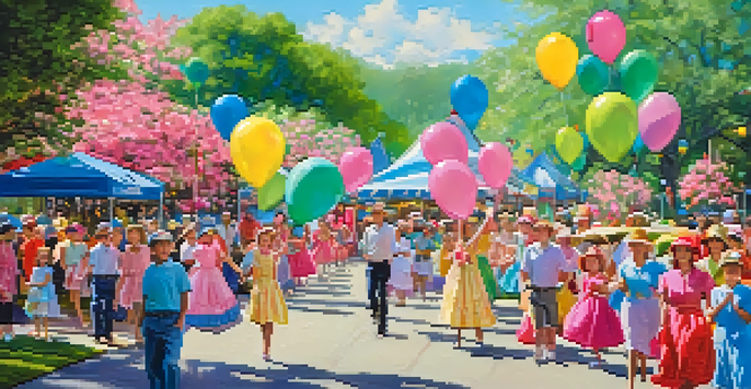 A lively parade at the North Carolina Azalea Festival, with colorful floats and families celebrating in a spring setting.