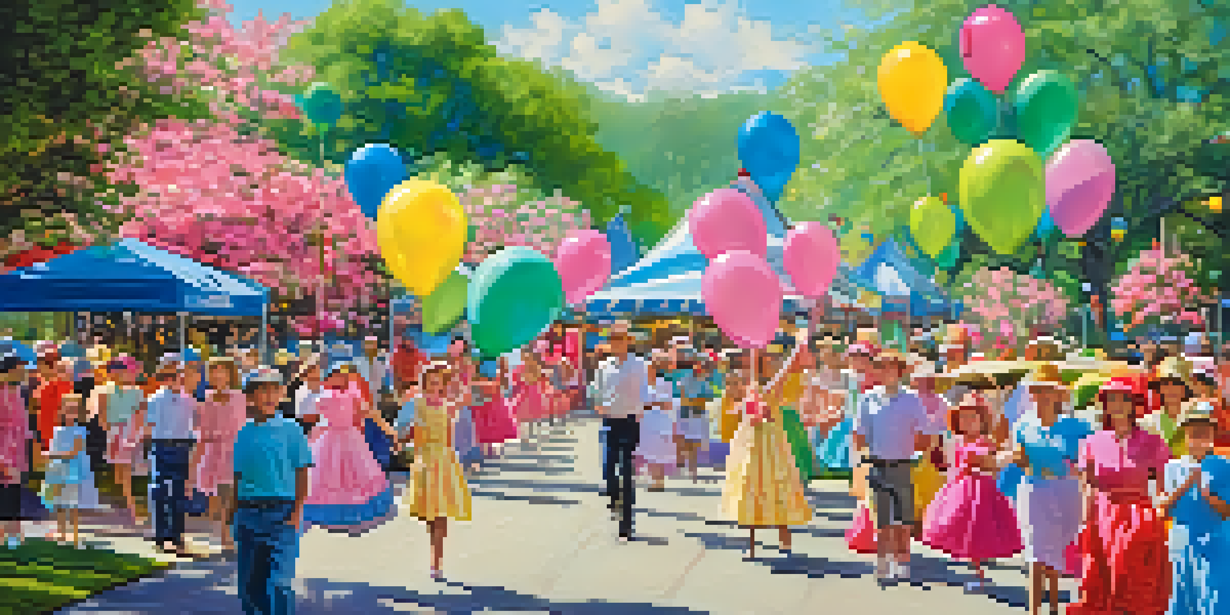 A lively parade at the North Carolina Azalea Festival, with colorful floats and families celebrating in a spring setting.