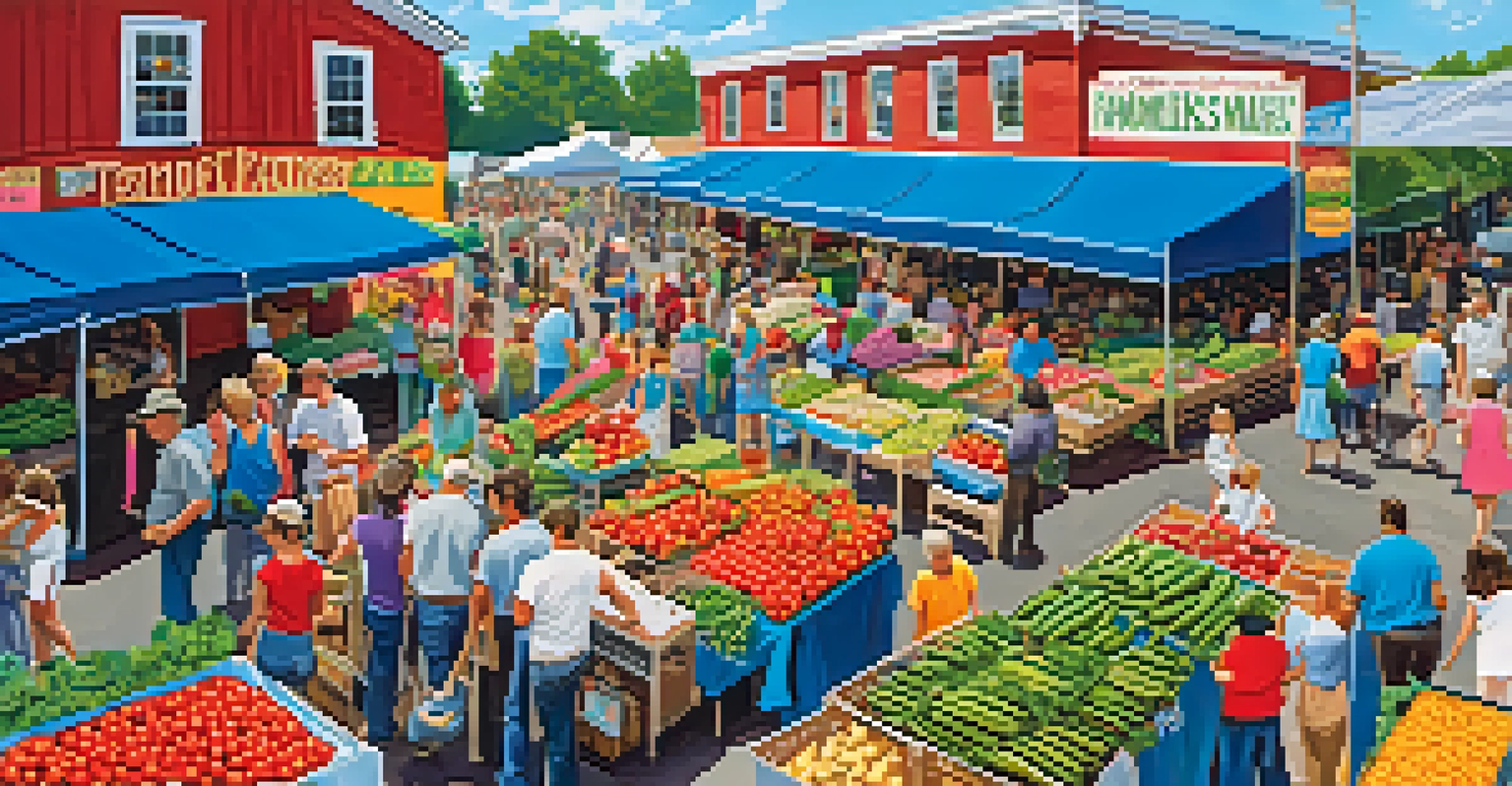 A lively farmers' market in North Carolina featuring fresh produce, families interacting, and colorful stalls under a clear blue sky.