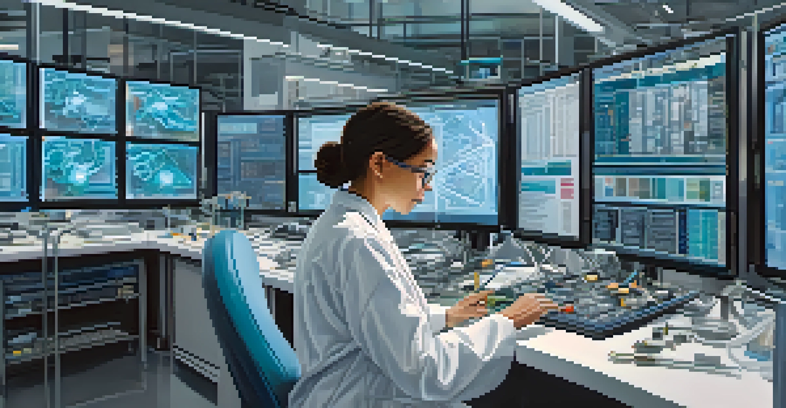 A female engineer in a lab, working on medical devices with advanced technology around her.