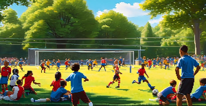 A lively soccer match taking place in a park with players from diverse backgrounds and spectators cheering.