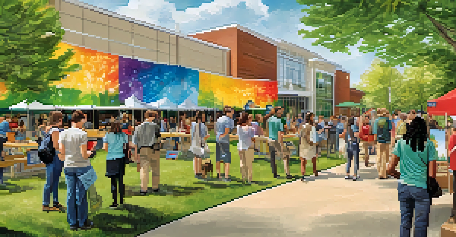 A community engagement event featuring booths and activities focused on sustainability, with diverse participants enjoying the day.