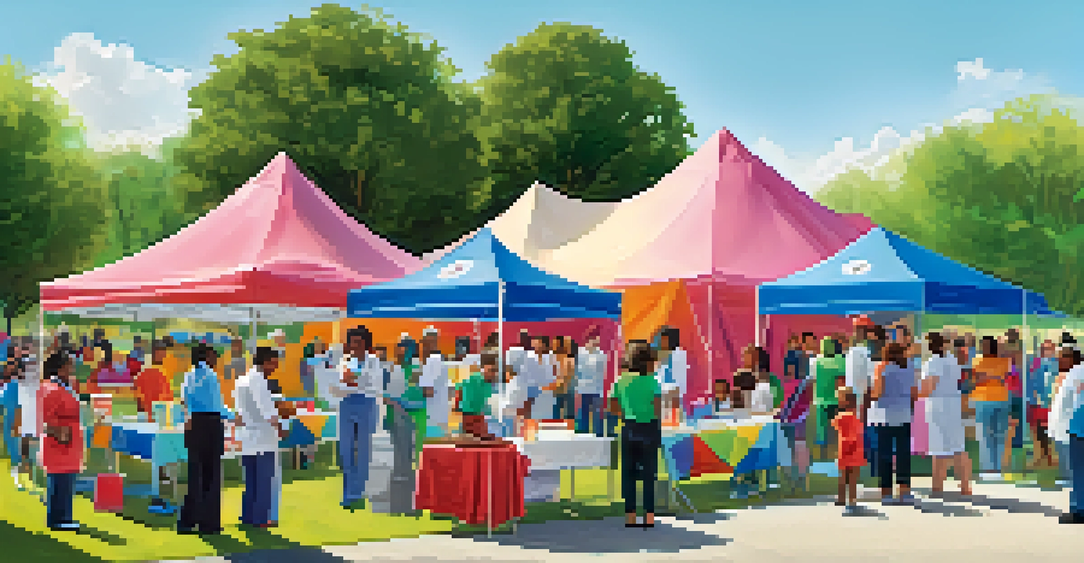 A community health fair with healthcare professionals offering screenings and educational resources to families in a park setting.