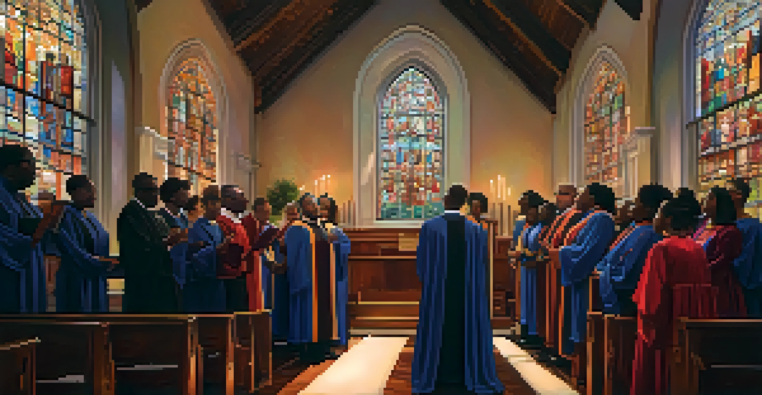 A gospel choir performing in a historic church, with stained glass windows and warm lighting.